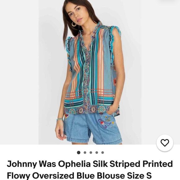Johnny Was Ophelia Silk Striped Printed Flowy Oversized Blue Blouse Size S - Picture 2 of 14